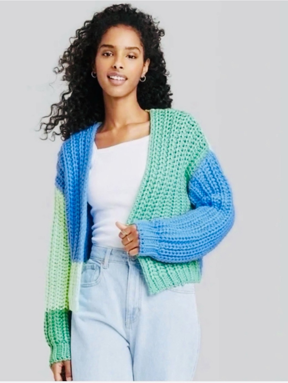 wild fable Blue & Green Chunky Open-Front Colorblock Cardigan